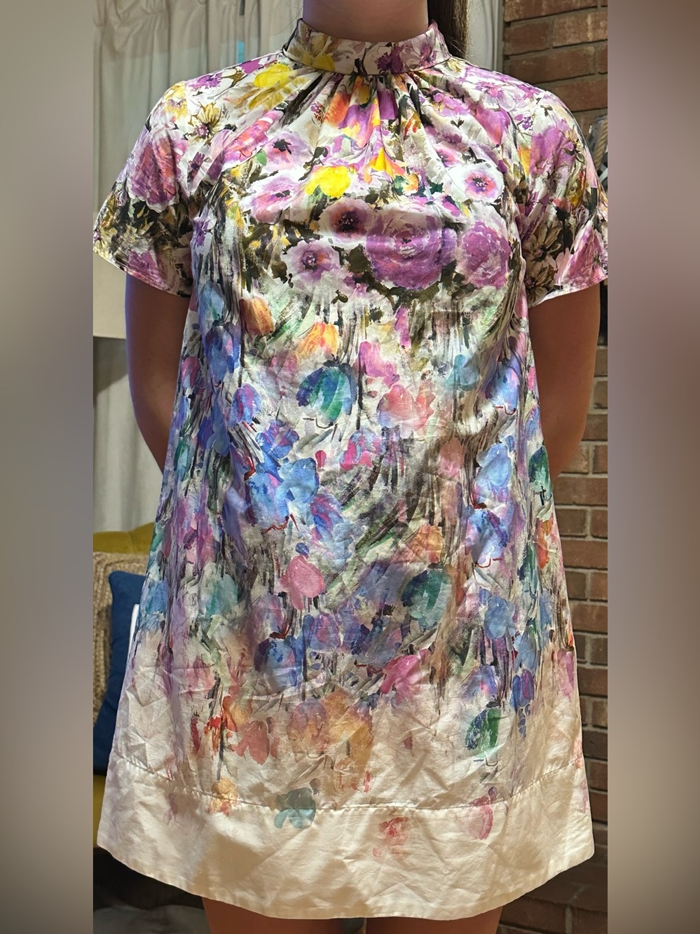 Lavender Brown Classy Watercolor Floral Mock-Neck Dress - Size Small